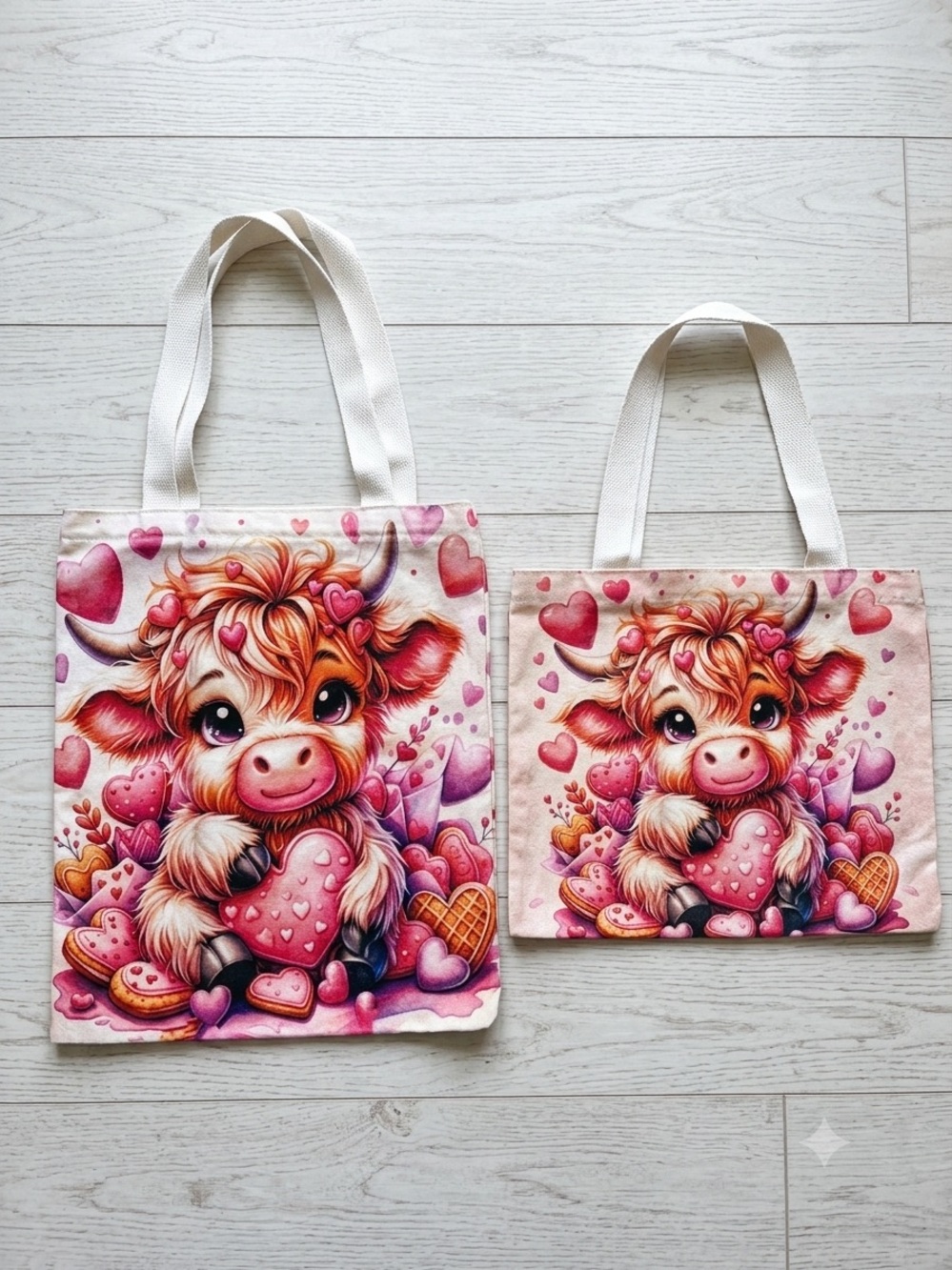 Cute Pink Cow Heart Canvas Tote for Kids & mommy 14”x12 & 10”x13”